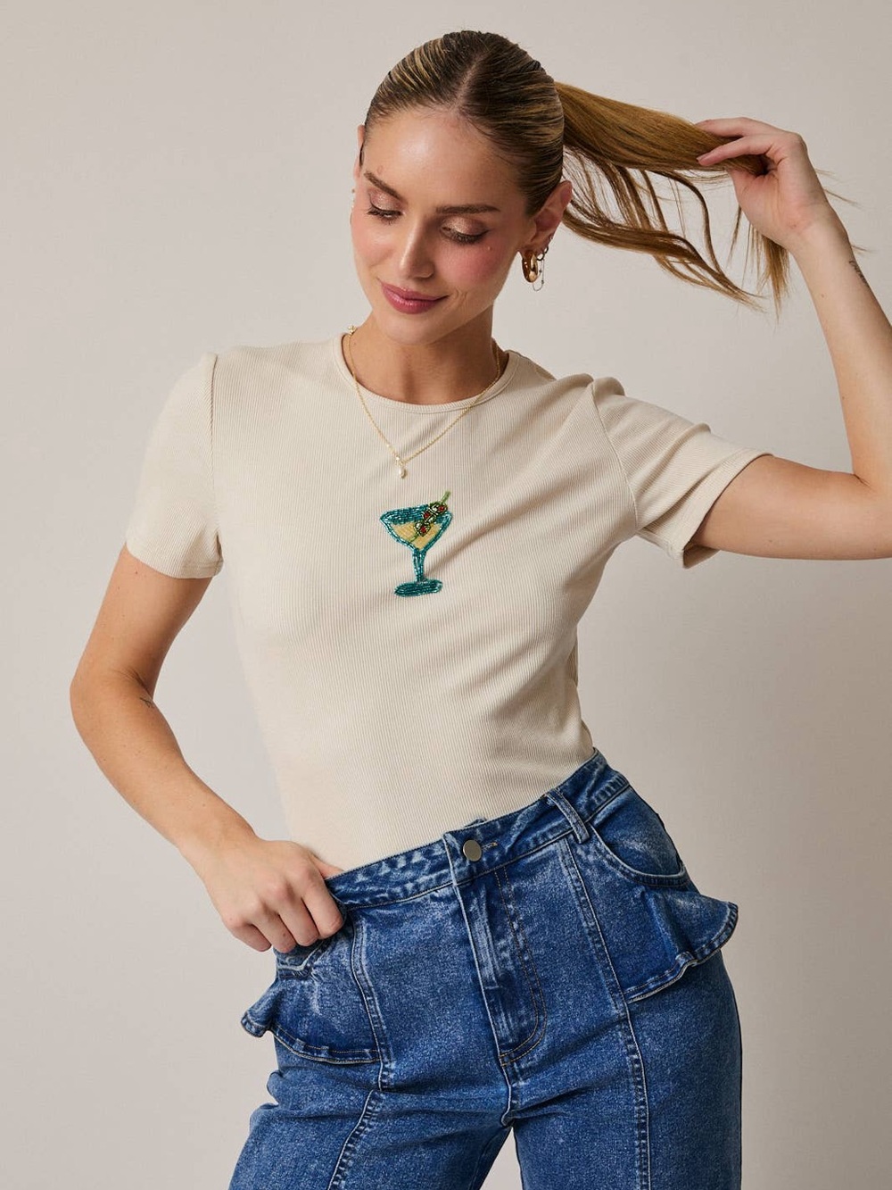 Cream Short-Sleeve Embroidered Cocktail Tee